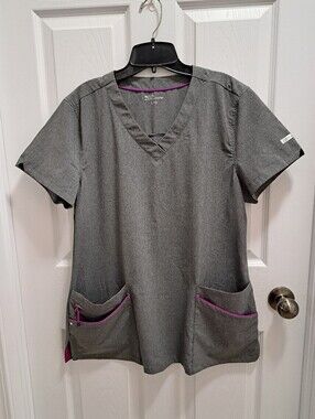 Scrubs By Kulture Gray V-neck Top Short Sleeved Womens Size Large Uniform Shirt